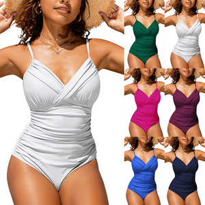 Traje de baño de una pieza estilo europeo-americano 2025, color liso, con bolsa rígida, pliegues cruzados, sexy, sin espalda, de poliéster/nailon, con realce en el pecho. - Product Image 1