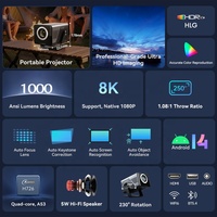 Projecteur LCD 8K portable intelligent avec système Android 14, autofocus, WiFi 6, BT, 1000 lumens ANSI, résolution native 1080P, grand écran pour home cinéma