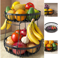 Présentoir à fruits et légumes empilable à 2 niveaux en métal noir, grand panier à fruits en fil métallique avec 2 supports pour bananes