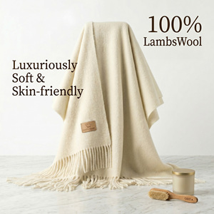 100% Inner Mongolia Lambswool Plain Weave Blanket Scarf <b>Cream</b> Solid Color Jumbo <b>Shawl</b> - Product Image 1