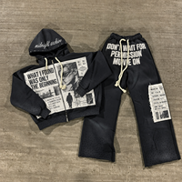 Ensemble de survêtement streetwear personnalisé pour homme, style vintage délavé à l'acide avec strass, pantalon évasé et sweat à capuche zippé, 2 pièces