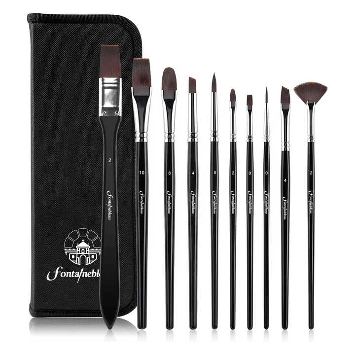 Wholesale 10PCS Artist Paint Brushes Set for Watercolor Acrylic Oil Painting Birch Wooden Handle Flat Nylon Paint Brush Set Bag