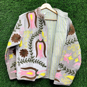 Bohemian Gray <b>Velvet</b> Suzani Embroidered <b>Jacket</b> with Floral Pattern Full Sleeve Stand Collar Women's Spring Outerwear - Product Image 1