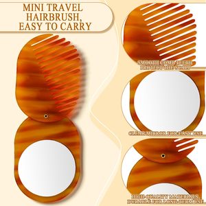 Mini miroir de maquillage portable pliable et épaissi, deux-en-un, antistatique, élégant, vintage, avec brosse et peigne à cheveux en acétate - Product Image 4