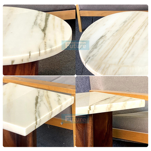 โต๊ะกาแฟหินอ่อน Calacatta Gold ทรงกลมหรูหรา 100% ทำจากหินธรรมชาติ สำหรับห้องนั่งเล่นในอพาร์ตเมนต์ พร้อมขาไม้เตี้ย - Product Image 2