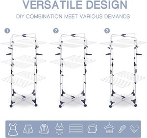 Bon marché, porte-<span class=keywords><strong>linge</strong></span> pliable à 3 niveaux en métal pour salle de bain avec roues, design moderne peu encombrant - Product Image 4