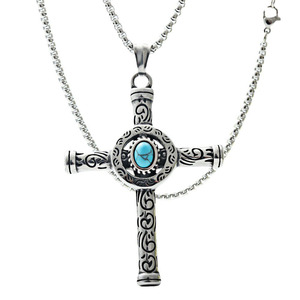 Stainless Steel <b>Cross</b> Pendant With Blue Gemstone Bezel Setting Punk Retro Men's Necklace 280600 - Product Image 5