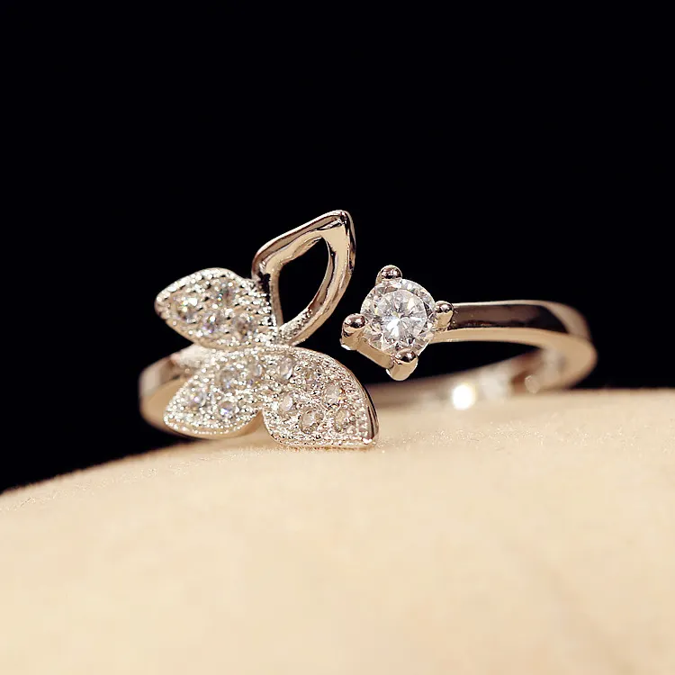 Anéis de prata esterlina para mulheres 925, borboleta, zircônia, anel aberto, hipoalérgico, prata esterlina, joias de presentes para meninas