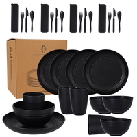 Ensemble de vaisselle en plastique noir, assiette, bol, tasse, couteau, fourchette, cuillère, 28 pièces, ensemble cadeau