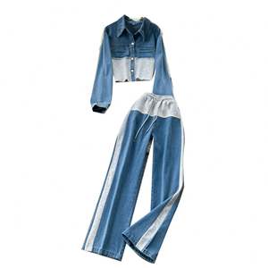 Casual Autumn Woven 2-Piece Set for Women <b>Top</b> and High Waist <b>Patchwork</b> Midi Denim Jogging Suits Wholesale - Product Image 5