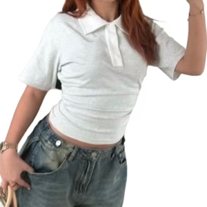 Haut <span class=keywords><strong>polo</strong></span> court côtelé pour <span class=keywords><strong>femme</strong></span> KY, manches courtes, col rabattu, coupe ajustée, décontracté - Product Image 2