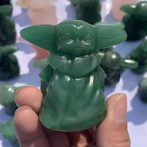 Wholesale natural Hand Carved Crafts Cartoon Character Green Aventurine rose quartz obsidian Crystal Yoda Carving for Decoration