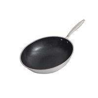 Wok antiadhésif double face alvéolé de 32 cm avec poignée en bois, fond en fonte, couvercle en verre, poêle en acier inoxydable, compatible lave-vaisselle