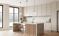 NICOCABINET Îlot de cuisine moderne personnalisé, armoire en contreplaqué, plan de travail en acrylique, évier, charnières, dosseret, robinet inclus