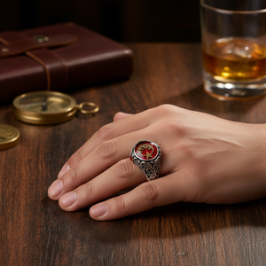 Anillo de Plata de Ley 925 para hombre, con esmalte rojo, luna y estrella - Product Image 3