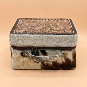 Estuche de Joyería de Cuero Vacuno con Cierre, Caja de Almacenamiento Portátil con Asa para Viaje - Product Image 1