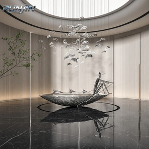 RUNJIN RJ-261 Sculpture d'art métallique en acier inoxydable poli miroir, moderne, d'intérieur, grande taille, représentant un oiseau en vol et un pêcheur, faite à la main - Product Image 1