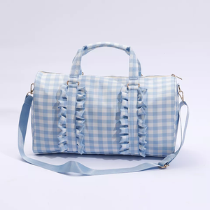 Factory Low MOQ 5 Colors Ruffled Cute Gingham Pattern <strong>Women</strong> <strong>Holdall</strong> Overnight Weekend Duffle Gym Duffel Bag Ruffle Travel Bags - Product Image 3