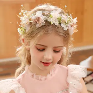 Flower Girl Headpiece Princess Headband Baby Girls Floral Crown Imitation Pearl Bride Garland for Wedding Birthday Photography