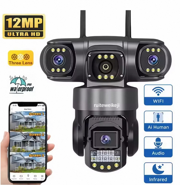 V380Pro 4G 15MP AI CCTV Network Camera Outdoor Bullet Security 3 Screens 3 Lenses PIR PTZ for Home Indoor Use Ip Wifi CMOS