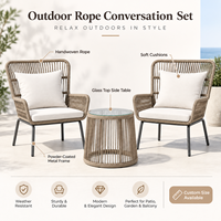 Ensemble de conversation d'extérieur en corde tressée à la main, style bistrot, avec 2 fauteuils et table d'appoint avec plateau en verre