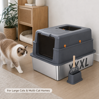 Youniha Bac à litière pour chat rectangulaire manuel extra large en acier inoxydable, capacité 75L, design à parois hautes, support pour pelle, facile à nettoyer