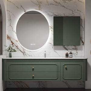 Meuble-lavabo mural de salle de bain moderne de luxe en MDF laqué avec miroir intelligent et vasque en céramique pour usage hospitalier - Product Image 1