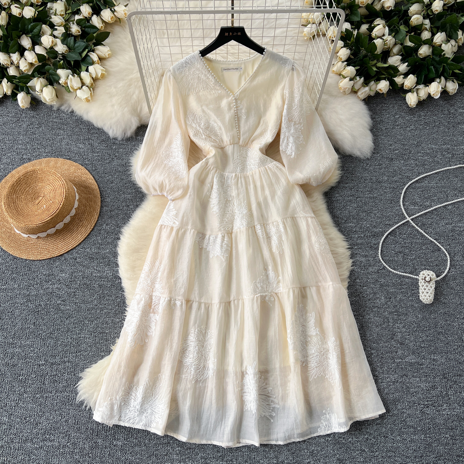 New 2025 Summer Beige Color V Neck Flower Embroidery Midi Dress Women's  Slim Waist Elegant Dresses Clothing| Alibaba.com