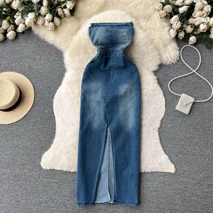 708 Vestido jeans justo feminino com tubo chique e roupa feminina 2