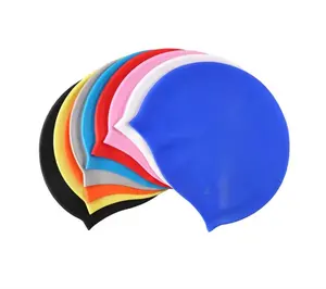 Sombrero sin costuras de color puro impreso con logotipo personalizado OEM, gorros de natación de silicona para mujeres, pelo largo para nadar