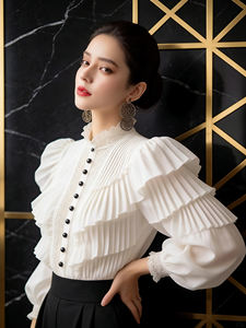 Elegante Blusa Blanca Plisada de Manga Regular para Mujer, Estilo Vintage con Ribete de Encaje, Cuello Cuadrado, Transpirable, con Botones, para Oficina, Fiesta - Product Image 2