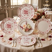 Ensemble d'assiettes en céramique rouge à motifs floraux vintage, vente en gros, vaisselle en porcelaine décorée style shabby chic pour mariages, restaurants, banquets, vente au détail