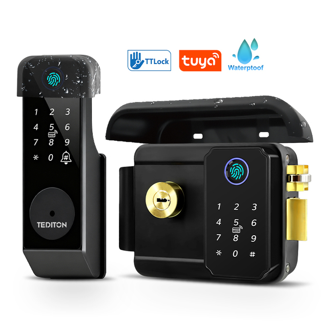 Tediton Cerradura Inteligente Smart Wifi RimLock Electronic Garage and Gate Lock with App Fingerprint and Code for Outdoor Use