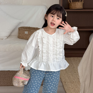 Camicetta dolce in cotone a maniche lunghe con pizzo in stile coreano per bambine, abbigliamento casual primaverile per tutti i giorni - Product Image 4