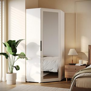 Armoire moderne blanche SENYU avec porte miroir à charnières, meuble de chambre autoportant, style minimaliste, poignée en métal - Product Image 1