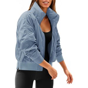 Womens Windbreaker Crop Jacket Long Sleeve Zip Up Hidden Hooded Winter Bomber With Pockets - Product Image 1