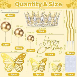 Kit de décoration de gâteau Couronne de Cristal, Diadème en Strass, Boule de Bougie Ondulée Dorée Papillon Filigrane, Joyeux Anniversaire, Fournitures de Fête Princesse - Product Image 4