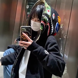 Sudadera con capucha de camuflaje de tiburón de moda para verano, para hombre, de ajuste holgado, talla grande, informal, con cremallera, doble capucha, estilo hip-hop, pura - Product Image 2