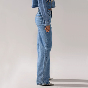 Giacca in Denim lavata classica a maniche lunghe personalizzata Casual a vita alta <span class=keywords><strong>con</strong></span> <span class=keywords><strong>pantaloni</strong></span> in Denim a gamba larga a due pezzi - Product Image 5