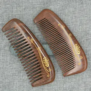 Delicate Premium Chinese AnHui Natural Hand Carved Neem Brown Sandal Wood Afro Pick Wide Tooth Hair Comb
