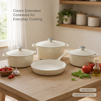 Batterie de cuisine en fonte émaillée Joho, comprenant un faitout, une cocotte et une poêle, couleur crème, pour la cuisson, vente en gros, OEM, ODM, fournisseur en gros
