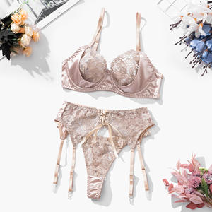 Lingerie aprikot seksi, pakaian dalam wanita bordir bunga aprikot mewah renda transparan <span class=keywords><strong>3</strong></span> potong - Product Image 6