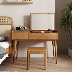 Nordic <b>Solid</b> <b>Wood</b> Dressing <b>Table</b> With Flip <b>Top</b> Storage And Stool Teak Color Bedroom Furniture - Product Image 2