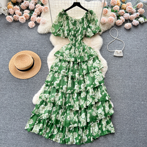 J7379 Vestido de Verano con Estampado Floral Vintage, Vestido Romántico para Mujer con Mangas Abullonadas, Cintura Ajustada, Vestido Largo Elegante para Mujer - Product Image 1