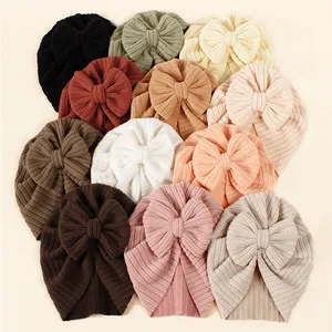 New Cotton Ribbed Bow Baby Cute Newborn Girls Knotbow Bonnet Infant Turban Hat Acessórios de cabelo Atacado