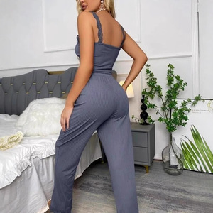 Hot-Bán Mùa Hè Phong Cách Thanh Lịch Giản Dị Loungewear Set Hai-Mảnh Yếm Trong Tank Top Rộng Chân Quần Ren Trim Làm Dệt Kim Vải - Product Image 4