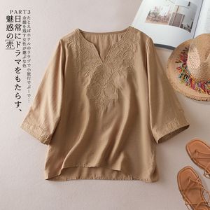 Women's Cotton Linen Embroidered V-Neck Top Mid Sleeve Casual Vintage Blouse Everyday Wear Red Pink Yellow Camel - Product Image 2