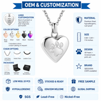 Collier de crémation pour animaux de compagnie en acier inoxydable, pendentif urne en forme de cœur avec empreinte de patte, bijoux commémoratifs pour cendres de chien, couleurs personnalisées, marque SEEDORA
