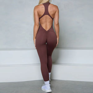 Women's Front Zip One Piece Spandex Yoga Jumpsuit Sleeveless Open Back Racerback Breathable Gym <strong>Bodysuit</strong> Workout Scrunch Pants - Product Image 4