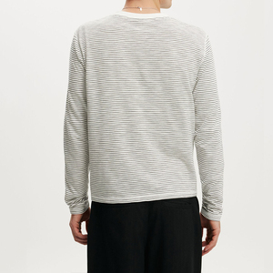 High-quality design classic retro striped loose <b>Henley</b> collar long-<b>sleeved</b> T-shirt custom soft 100% cotton T-shirt - Product Image 3